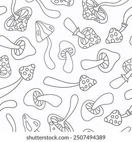 Floral linear seamless pattern with cute mushrooms on a white background. Groovy retro vintage minimal print in style 70s, 80s. Vector illustration