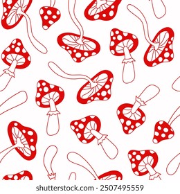 Floral linear seamless pattern with cute red mushrooms on a white background. Groovy retro vintage minimal print in style 70s, 80s. Vector illustration