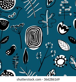 Floral linear seamless pattern on teal blue background. Doodle background with nature design. Vector illustration eps8