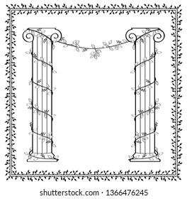 Floral linear simple frame with leaves. Dark funeral frame. Isolated on white background.