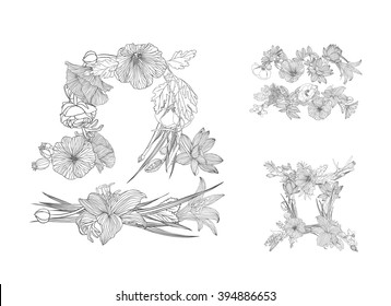 Floral linear zodiac. Air element. Gemini, Libra, Aquarius. Black on white