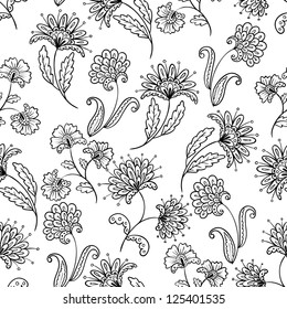 Floral line-art seamless pattern