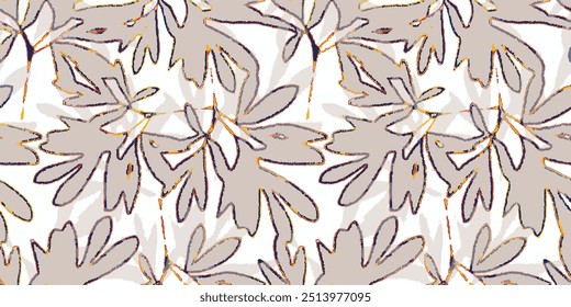 floral linen textured seamless patterns. meadow plants, leaves, leaf and flowers. all over print. botanical collage in modern flat style. floral silhouettes