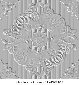 Floral lines 3d seamless pattern. Striped textured white background. Surface emboss repeat backdrop. Floral line art relief 3d ornaments. Embossed design with vintage lines flowers, leaves, stripes.