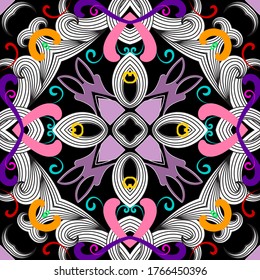 Floral lines Paisley seamless pattern. Vector ornamental modern background. Repeat symmetric ethnic style backdrop. Abstract line art flowers, shapes, swirls, lines. Colorful  beautifult ornaments.