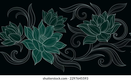 Floral lines seamless pattern. Aesthetic and elegant ornament with blooming plant. Beautiful green linear flowers and leaves. Luxury pattern, texture, background or wallpaper. Flat vector illustration