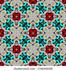 Floral lines seamless pattern. Vector ornamental modern background. Repeat symmetric ethnic style backdrop. Abstract line art flowers, shapes, swirls, lines. Colorful flourish bright ornaments.