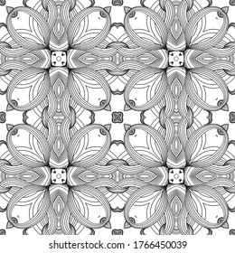Las líneas florales son un patrón sin fisuras. Vector de fondo moderno ornamental. Repita el trasfondo de estilo étnico simétrico. Flores, formas, rayas, líneas de arte abstractas. Elegancia en blanco y negro.