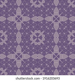 Las líneas florales son un patrón sin fisuras. Fondo de vector ornamental violeta. Repetir el fondo. Ornamento de línea con flores, triángulos, formas geométricas, líneas de zigzag, corazones de amor. Decoración decorativa.