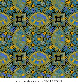 Floral lines vector seamless pattern. Ornamental ethnic tribal style lace background. Doodle line art tracery lacy ornament. Abstract shapes, vintage flowers. Colorful repeat fantasy ornate backdrop.