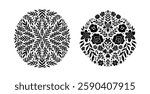 Floral Linocut Circle Frame Monogram. Decorative Floral Symmetrical Ornament Set. Ethnic Round Flourish Stencil in Geometric Shapes. Oval Leaves Branch Vector Illustration isolated on Background