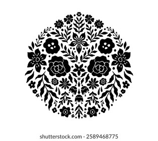 Floral Linocut Circle Frame Monogram. Decorative Floral Symmetrical Ornament. Ethnic Round Flourish Stencil in Geometric Shapes. Oval Leaves Branch Vector Illustration isolated on White Background.