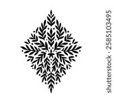 Floral Linocut Frame Monogram Print. Decorative Floral Symmetrical Ornament. Ethnic Flourish Stencil in Geometric Shape. Rhombus Leaves Branch Vector Illustration isolated on White Background.
