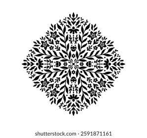 Floral Linocut Frame Monogram Print. Decorative Floral Symmetrical Ornament. Ethnic Flourish Stencil in Geometric Shape. Rhombus Leaves Branch Vector Illustration isolated on White Background.