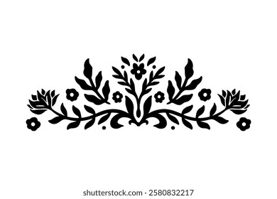 Floral Linocut Motif Border. Decorative Floral Symmetrical Ornament. Ethnic Flourish Stencil Corner in Geometric Shape. Leaves Branch Border Vector Illustration isolated on White Background.