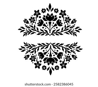 Floral Linocut Motif Border. Decorative Floral Symmetrical Ornament. Ethnic Flourish Stencil Corner in Geometric Shape. Leaves Branch Border Vector Illustration isolated on White Background.