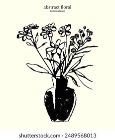 Floral Linocut Stamp 01. Vector doodle of abstract stylized bouquet of flowers in vase, isolated. Black and white pen and ink drawing with hand drawn bold lines simple shapes on plain background.