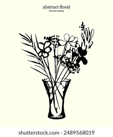 Floral Linocut Stamp 02. Vector doodle of abstract stylized bouquet of flowers in vase, isolated. Black and white pen and ink drawing with hand drawn bold lines simple shapes on plain background.