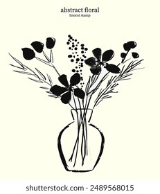 Floral Linocut Stamp 03. Vector doodle of abstract stylized bouquet of flowers in vase, isolated. Black and white pen and ink drawing with hand drawn bold lines simple shapes on plain background.