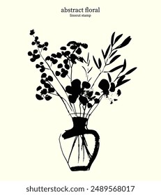 Floral Linocut Stamp 04. Vector doodle of abstract stylized bouquet of flowers in vase, isolated. Black and white pen and ink drawing with hand drawn bold lines simple shapes on plain background.