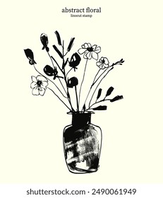 Floral Linocut Stamp 05. Vector doodle of abstract stylized bouquet of flowers in vase, isolated. Black and white pen and ink drawing with hand drawn bold lines simple shapes on plain background.