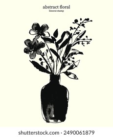 Floral Linocut Stamp 07. Vector doodle of abstract stylized bouquet of flowers in vase, isolated. Black and white pen and ink drawing with hand drawn bold lines simple shapes on plain background.