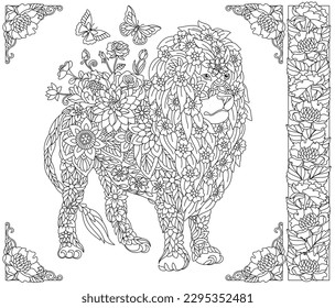 Floral lion. Adult coloring book page with fantasy animal and flower elements