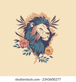 Floral lion head illustration with brown background