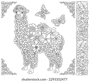 Floral llama alpaca. Adult coloring book page with fantasy animal and flower elements