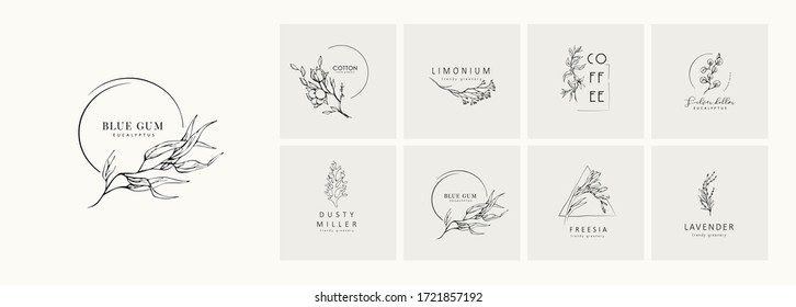 Floral logo and branch. Hand drawn wedding herb, plant and monogram with elegant leaves for invitation save the date card design. Botanical rustic trendy greenery vector illustration