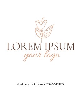 Floral logo design. Line art. Template for logotype, label, sign, icon. Wedding invitation, feminine design. Ornate flowers and elegant leaves