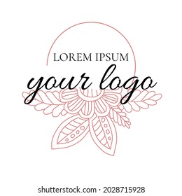 Floral logo design. Line art. Template for logotype, label, sign, icon. Wedding invitation, feminine design. Ornate flowers and elegant leaves