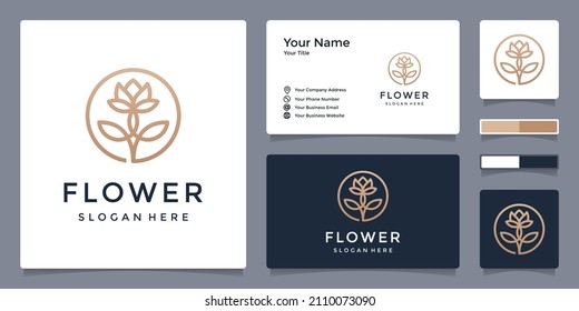 floral logo design in line art style with business card