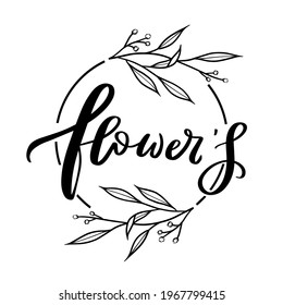 Floral logo. Flower frame, leaves, and linear logo sketch. Flowers modern simple style. Wedding design emblem with flower wreath. Vector illustration isolated on a white background
