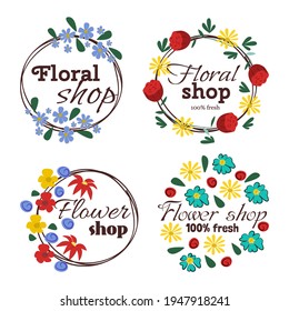 Floral logo, label with flower leaf design set, vector illustration. Flower shop symbol emblem, business element vintage sign.