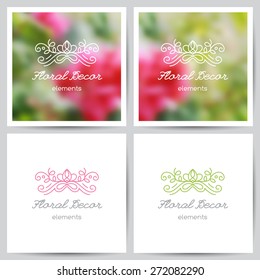 floral logo on white paper page and on blurred background with flowers