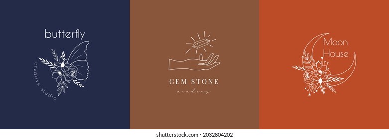 Floral logo set vector, minimalist logo design for jewelry, flower, beauty shop 