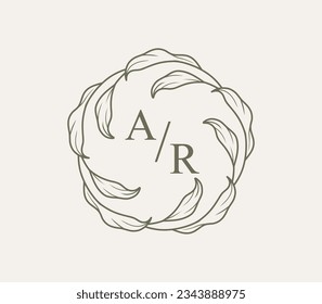 Floral logo template with minimalist botanical elements. Vector illustration in line art style