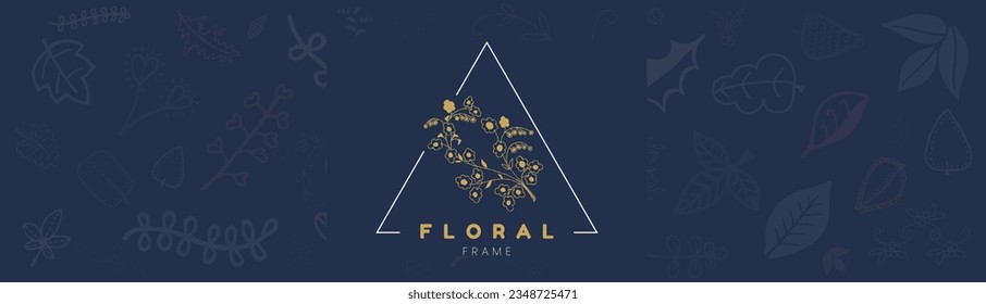 Blumen-Logo-Vorlage mit minimalistischen botanischen Elementen in Dreiecksrahmen eingebettet. Vektorgrafik im Kunststil. Ein luxuriöses Design für die Gestaltung von Plakaten. 