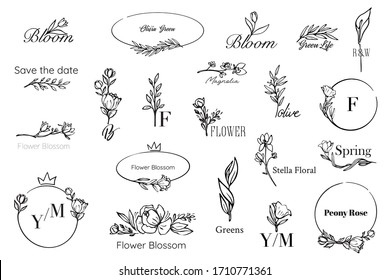 Floral logo. Vector flower for elegant wedding design. Vintage simple icon, badge, frame. Feminine card line emblem. Leaf, floral, nature logo for beauty and spa labe. Hand drawn flower, crown, frame.