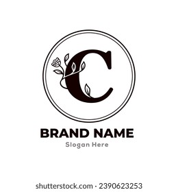 Floral Logo vector of Letter C flower with leaf luxury Logos template. isolated on white background.