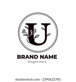 Vector de logotipo floral de flor Letra U con plantilla de Logos de lujo hoja. aislado de fondo blanco.