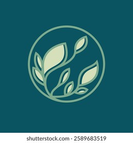 Floral logo for wedding, fashion, beauty spa and gift boutique brand. Decorative, ornate style environmental illustration. Plant petals, nature leaf ornament. Green circle line art emblem.