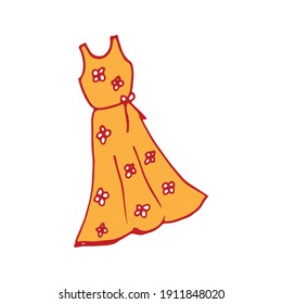floral long dress with ribbon vector illustration on white background. beautiful dress for wedding party. elegant dress icon. hand drawn vector. doodle for kids, logo, banner, poster, advertising.