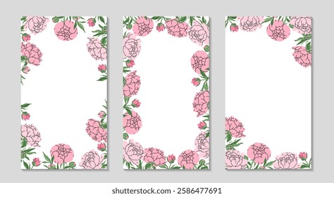 Floral long frame artboard set. Delicate pink peony with stem and leaves, small bud. Botanical spring vertical templates. Background for sale, promotions, social media. Vector flat illustration.