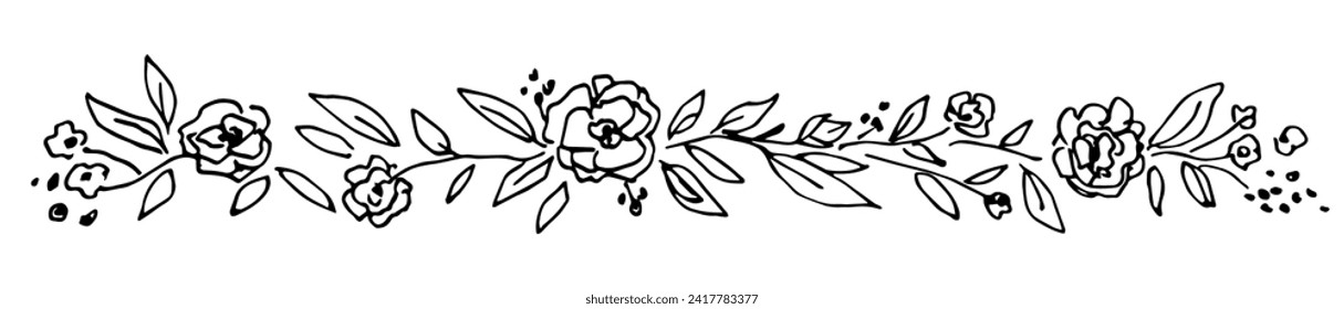 Floral long garland border. Flowers roses, peonies, leaves and twigs, banner. Simple hand drawn vector illustration with black outline. Sketch in ink.