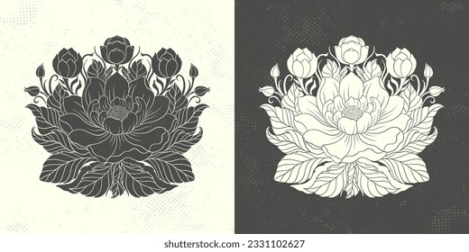 Flor de loto floral en el Art Nouveau 1920-1930. Loto dibujado a mano en un estilo lineal con hileras de líneas, hojas y flores de loto. Ilustración vectorial.