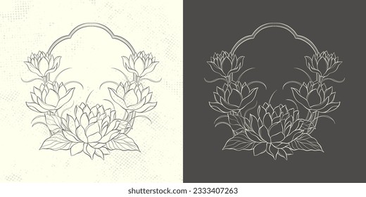 Floral lotus flower in art nouveau 1920-1930. Hand drawn lotus in a linear style with weaves of lines, leaves and  lotus flowers. Vector illustration.