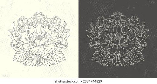 Flor de loto floral en el Art Nouveau 1920-1930. Loto dibujado a mano en un estilo lineal con hileras de líneas, hojas y flores de loto. Ilustración vectorial.