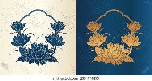 Flor de loto floral en el Art Nouveau 1920-1930. Loto dibujado a mano en un estilo lineal con hileras de líneas, hojas y flores de loto. Ilustración vectorial.